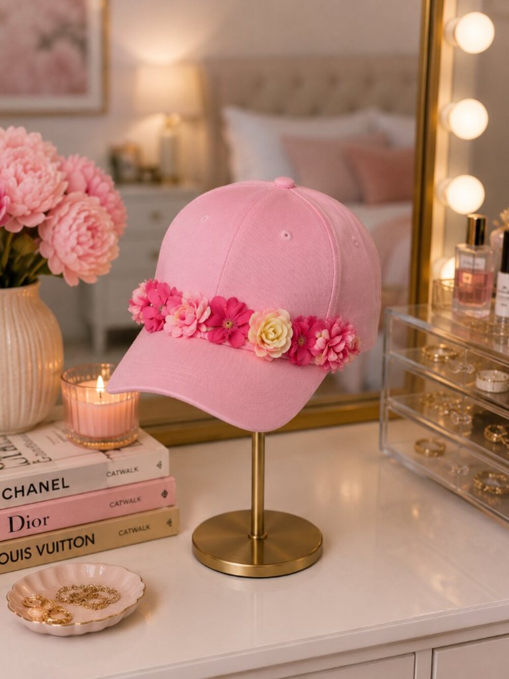 Chic Pink Floral Flower Trim Embellished Adjustable Garden Baseball Cap